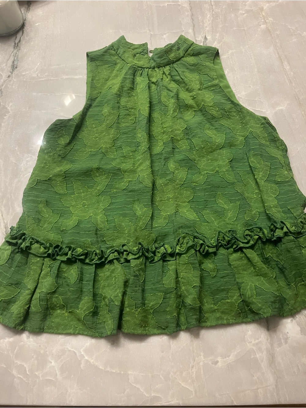 Maeve Green Floral Textured Ruffle Tank Top